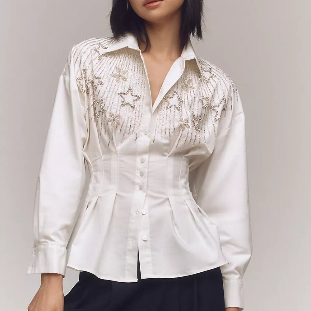 Anthropologie TOBIE Pleated Blouse Exquise Long-Sleeve Beaded Stars White nights